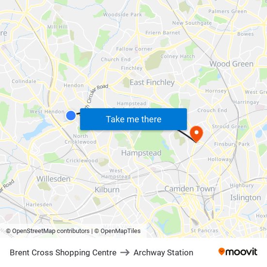 Brent Cross Shopping Centre to Archway Station map