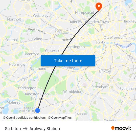 Surbiton to Archway Station map