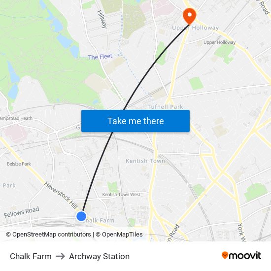 Chalk Farm to Archway Station map