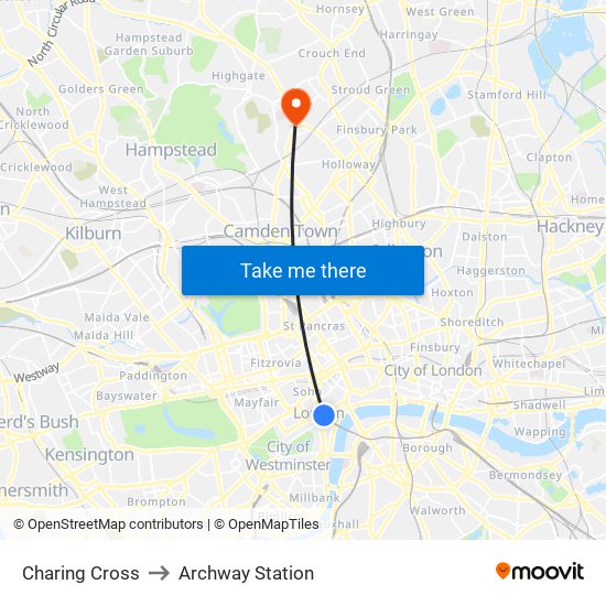 Charing Cross to Archway Station map