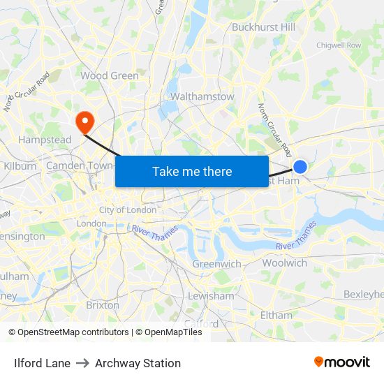 Ilford Lane to Archway Station map