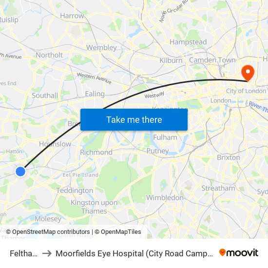 Feltham to Moorfields Eye Hospital (City Road Campus) map