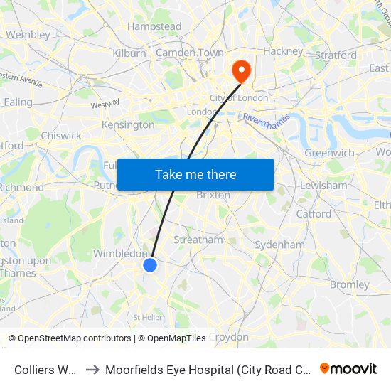 Colliers Wood to Moorfields Eye Hospital (City Road Campus) map