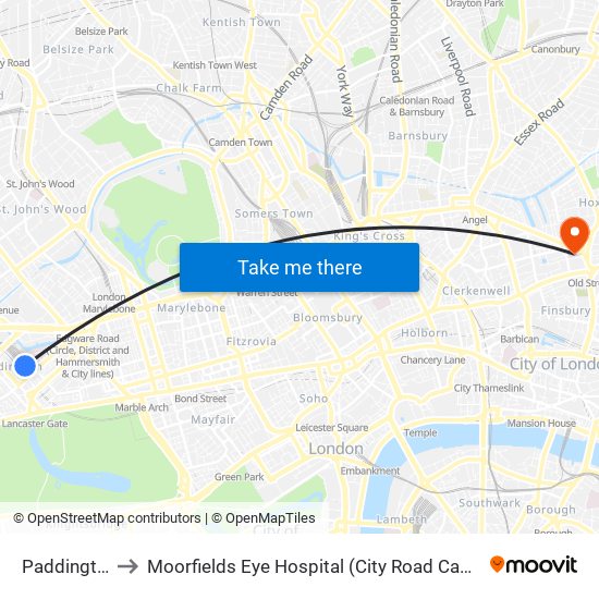 Paddington to Moorfields Eye Hospital (City Road Campus) map