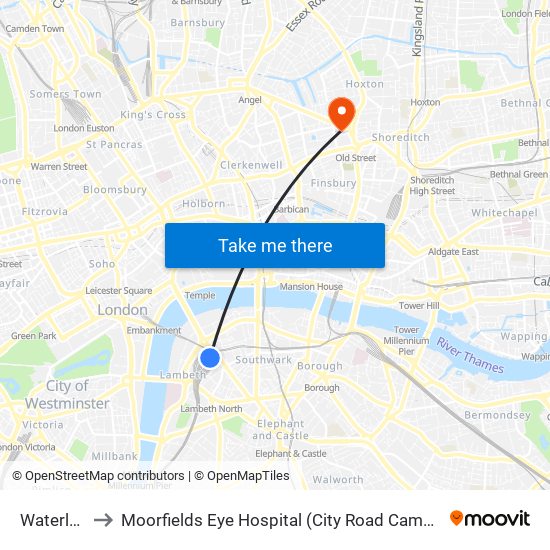 Waterloo to Moorfields Eye Hospital (City Road Campus) map