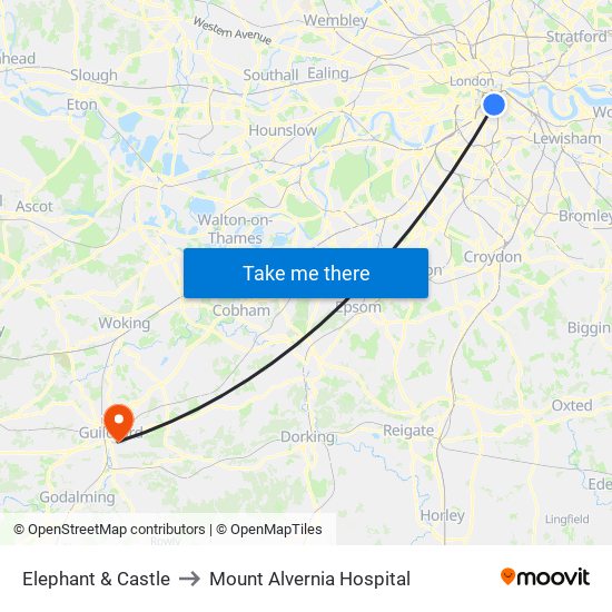 Elephant & Castle to Mount Alvernia Hospital map