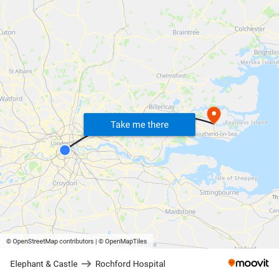 Elephant & Castle to Rochford Hospital map
