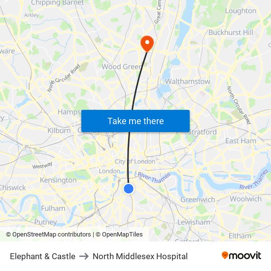 Elephant & Castle to North Middlesex Hospital map