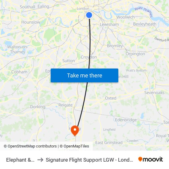 Elephant & Castle to Signature Flight Support LGW - London Gatwick Airport map