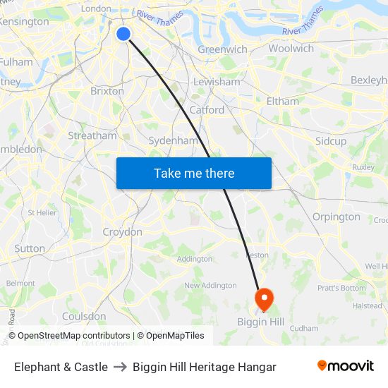 Elephant & Castle to Biggin Hill Heritage Hangar map