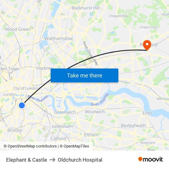 Elephant & Castle to Oldchurch Hospital map
