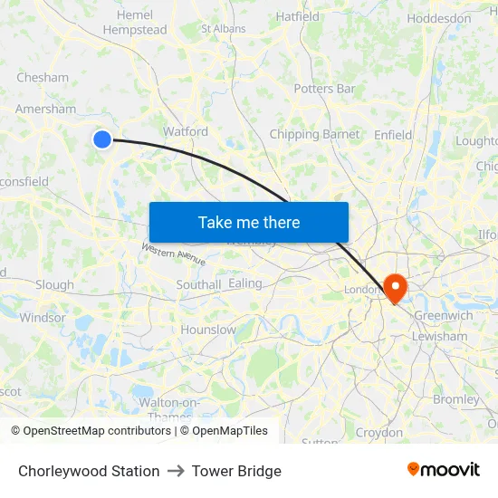 Chorleywood Station to Tower Bridge map