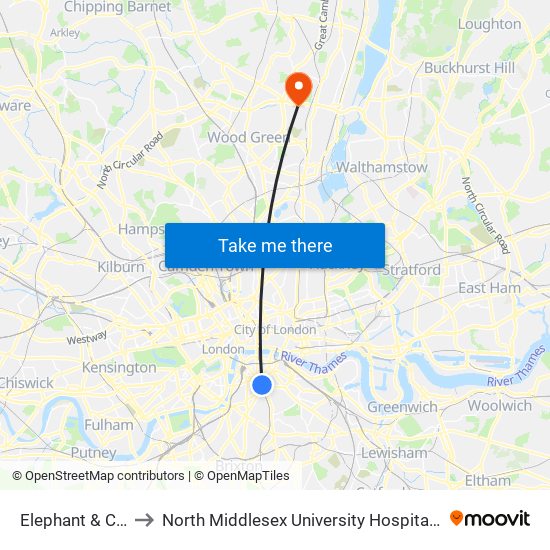 Elephant & Castle to North Middlesex University Hospital Nhs Trust map