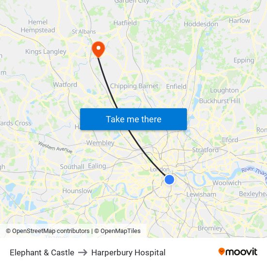 Elephant & Castle to Harperbury Hospital map