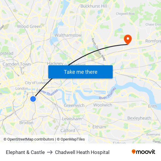 Elephant & Castle to Chadwell Heath Hospital map