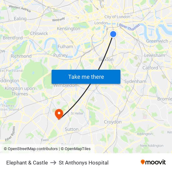 Elephant & Castle to St Anthonys Hospital map