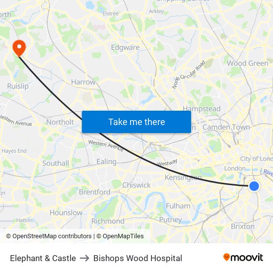 Elephant & Castle to Bishops Wood Hospital map