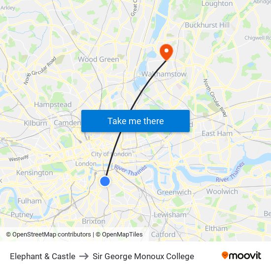 Elephant & Castle to Sir George Monoux College map