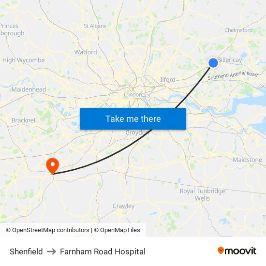 Shenfield to Farnham Road Hospital map