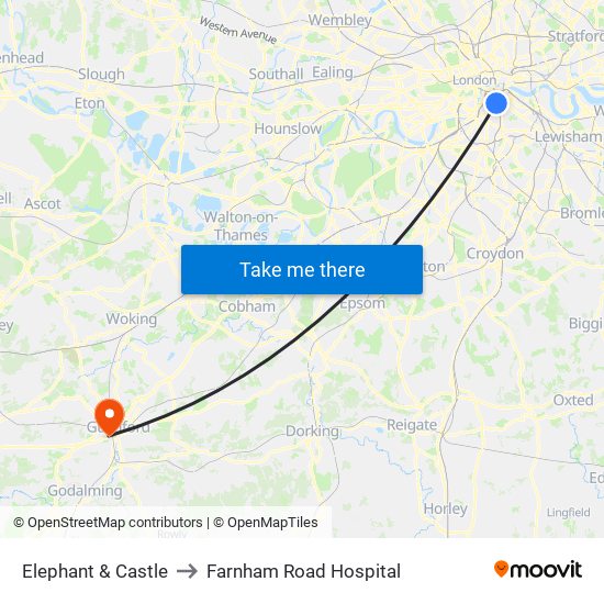 Elephant & Castle to Farnham Road Hospital map