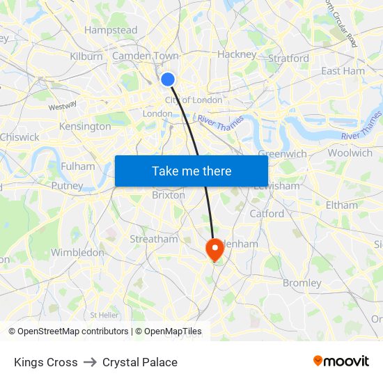 Kings Cross to Crystal Palace map