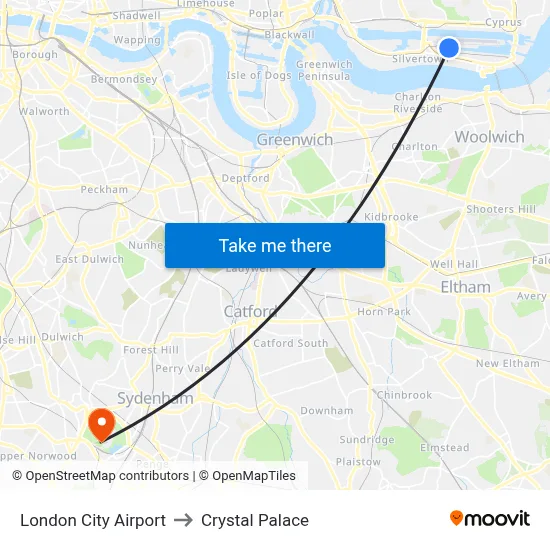 London City Airport to Crystal Palace map