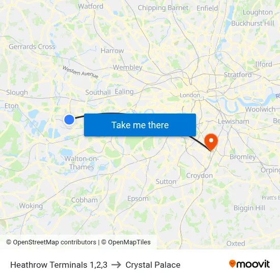 Heathrow Terminals 1,2,3 to Crystal Palace map