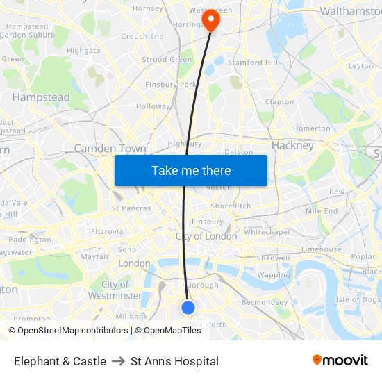 Elephant & Castle to St Ann's Hospital map