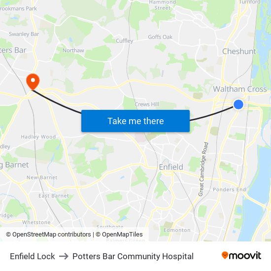 Enfield Lock to Potters Bar Community Hospital map