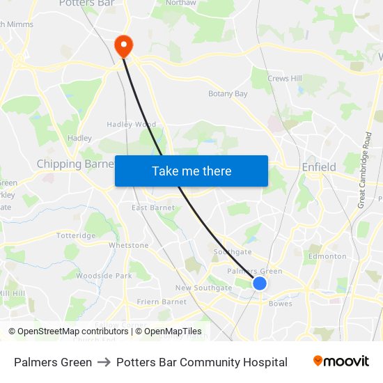 Palmers Green to Potters Bar Community Hospital map