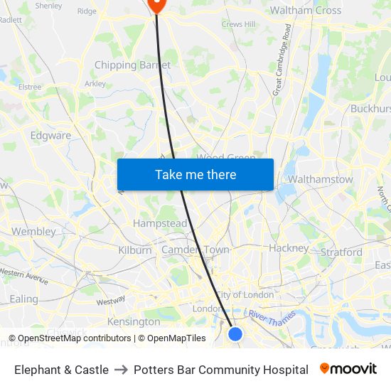 Elephant & Castle to Potters Bar Community Hospital map