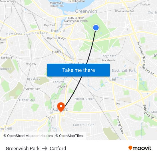 Greenwich Park to Catford map