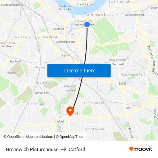 Greenwich Picturehouse to Catford map