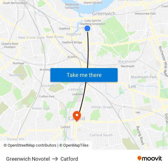 Greenwich Novotel to Catford map