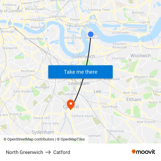 North Greenwich to Catford map