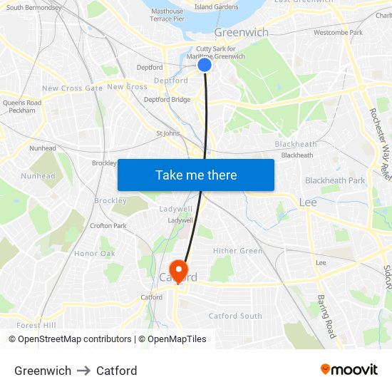 Greenwich to Catford map