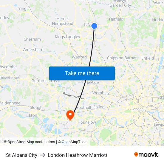 St Albans City to London Heathrow Marriott map