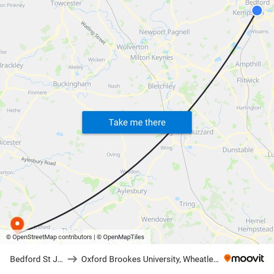 Bedford St Johns to Oxford Brookes University, Wheatley Campus map