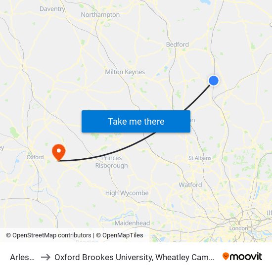 Arlesey to Oxford Brookes University, Wheatley Campus map