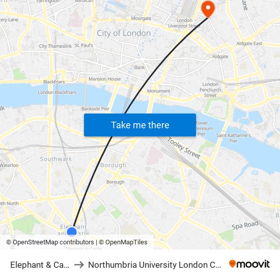 Elephant & Castle to Northumbria University London Campus map