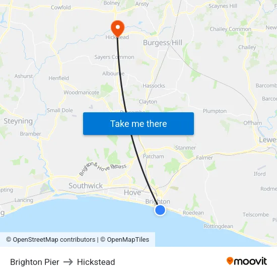 Brighton Pier to Hickstead map