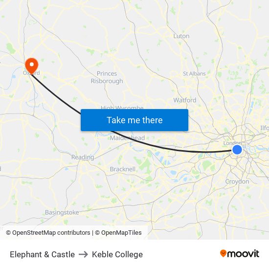 Elephant & Castle to Keble College map