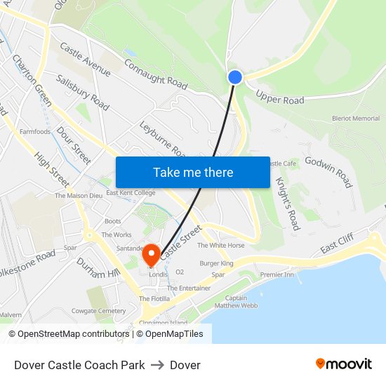 Dover Castle Coach Park to Dover map