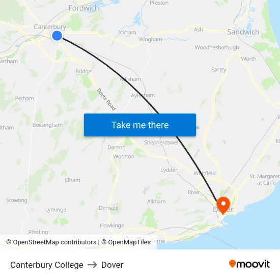 Canterbury College to Dover map