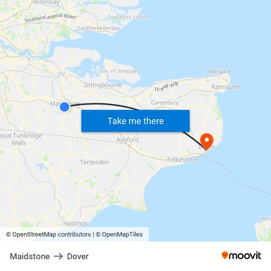 Maidstone to Dover map