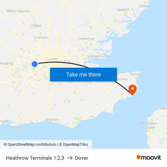 Heathrow Terminals 1,2,3 to Dover map