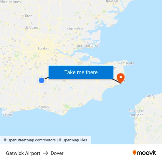 Gatwick Airport to Dover map