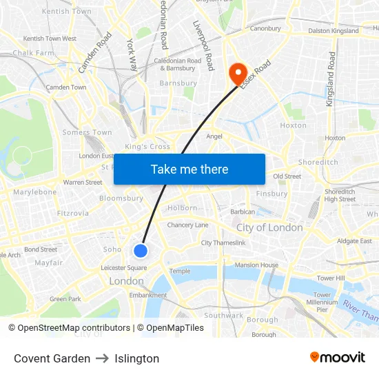 Covent Garden to Islington map