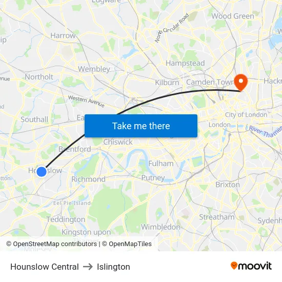 Hounslow Central to Islington map