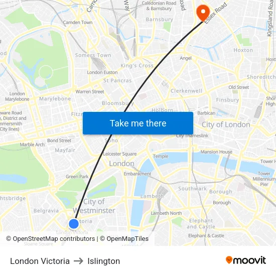 London Victoria to Islington map